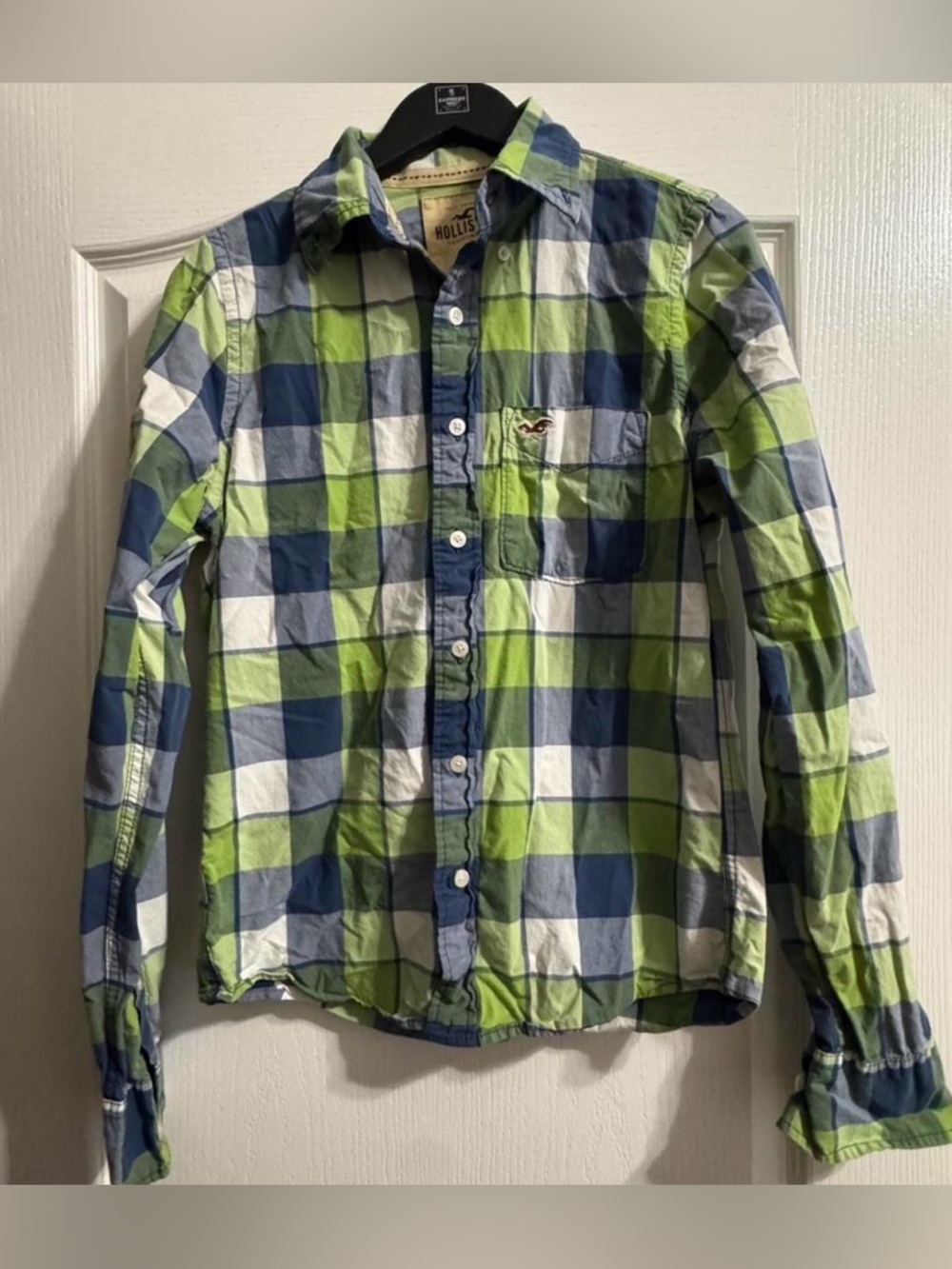 Hollister Green Blue and White Plaid Button-Down Shirt
